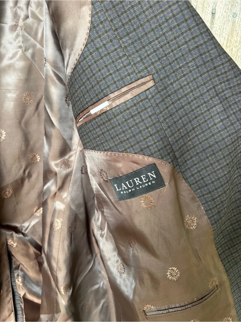 Lauren Ralph Lauren Mens Blazer 46L Brown Blue Plaid Stretch Two Button Sport Co